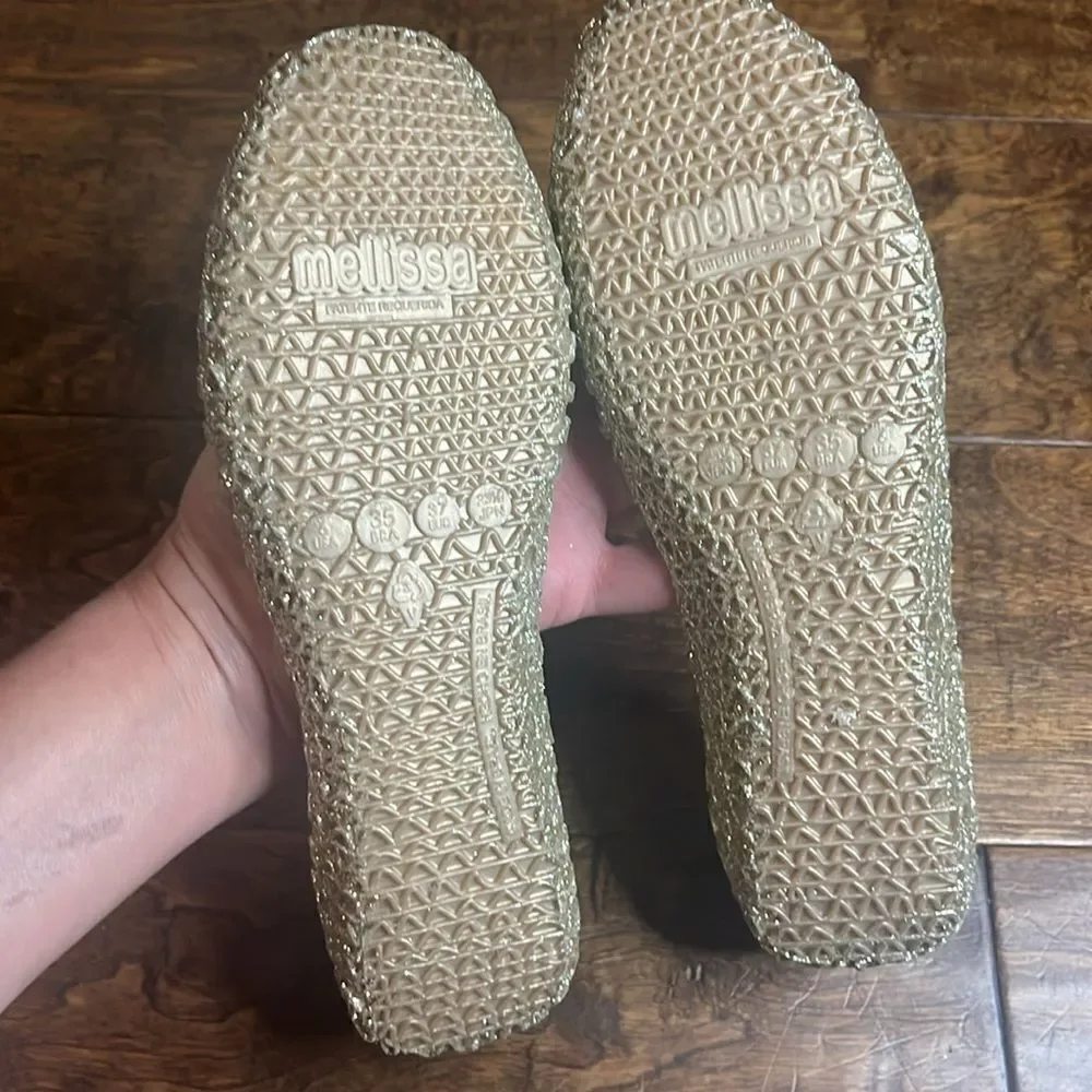 Melissa Gold Glitter Campana Papel Jelly Ballet Flats, size 6